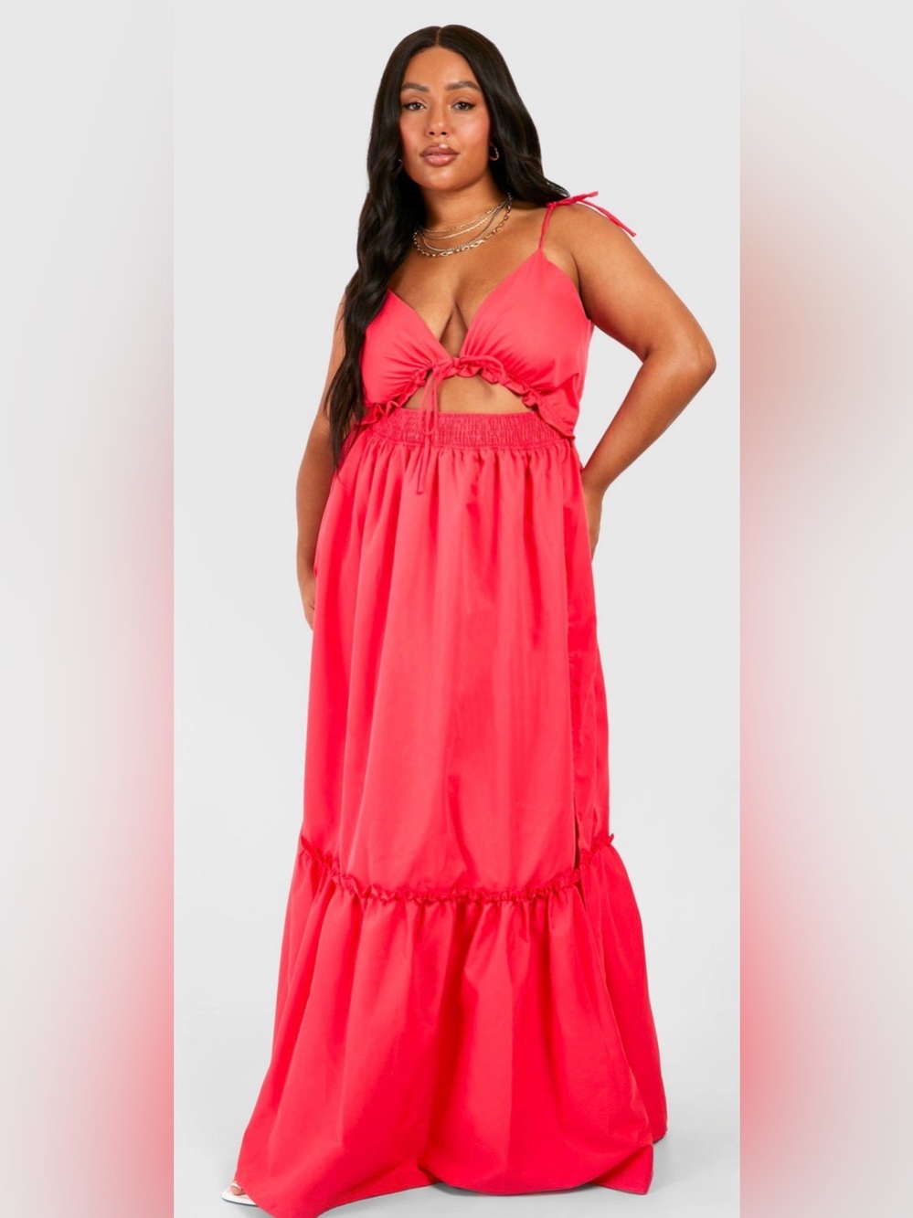 Boohoo Plus Bright Coral Tie-Front Maxi Dress